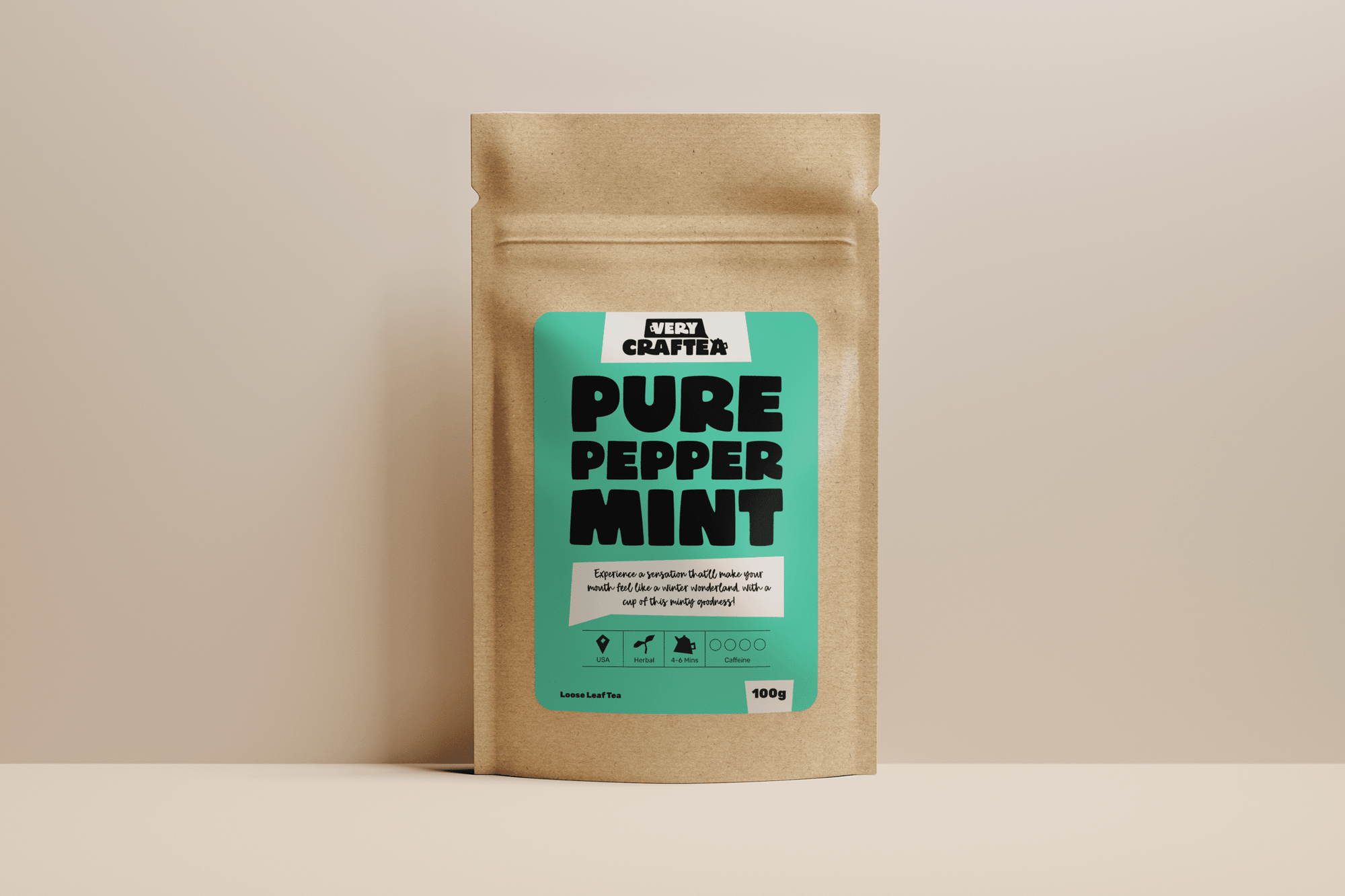 Packaging photo of 50g of Pure Peppermint Leaves loose leaf herbal tea in biodegradable kraft bag from Very Craftea