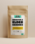 Packaging photo of 150g of Hibiscus and Elderberries loose leaf fruit tea in biodegradable kraft bag from Very Craftea