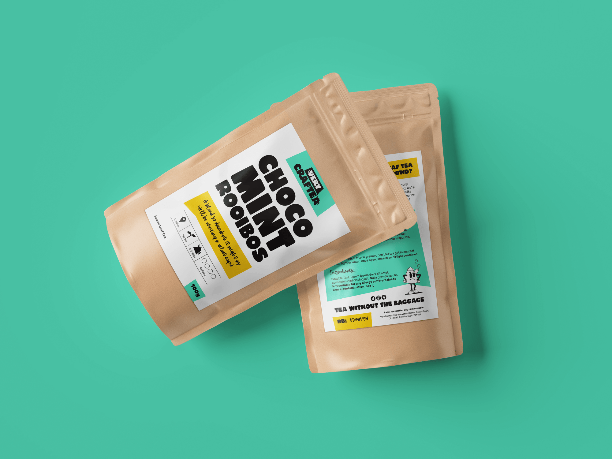 Packaging photo of 100g of Choco Mint Rooibos loose leaf fruit tea in biodegradable kraft bag from Very Craftea