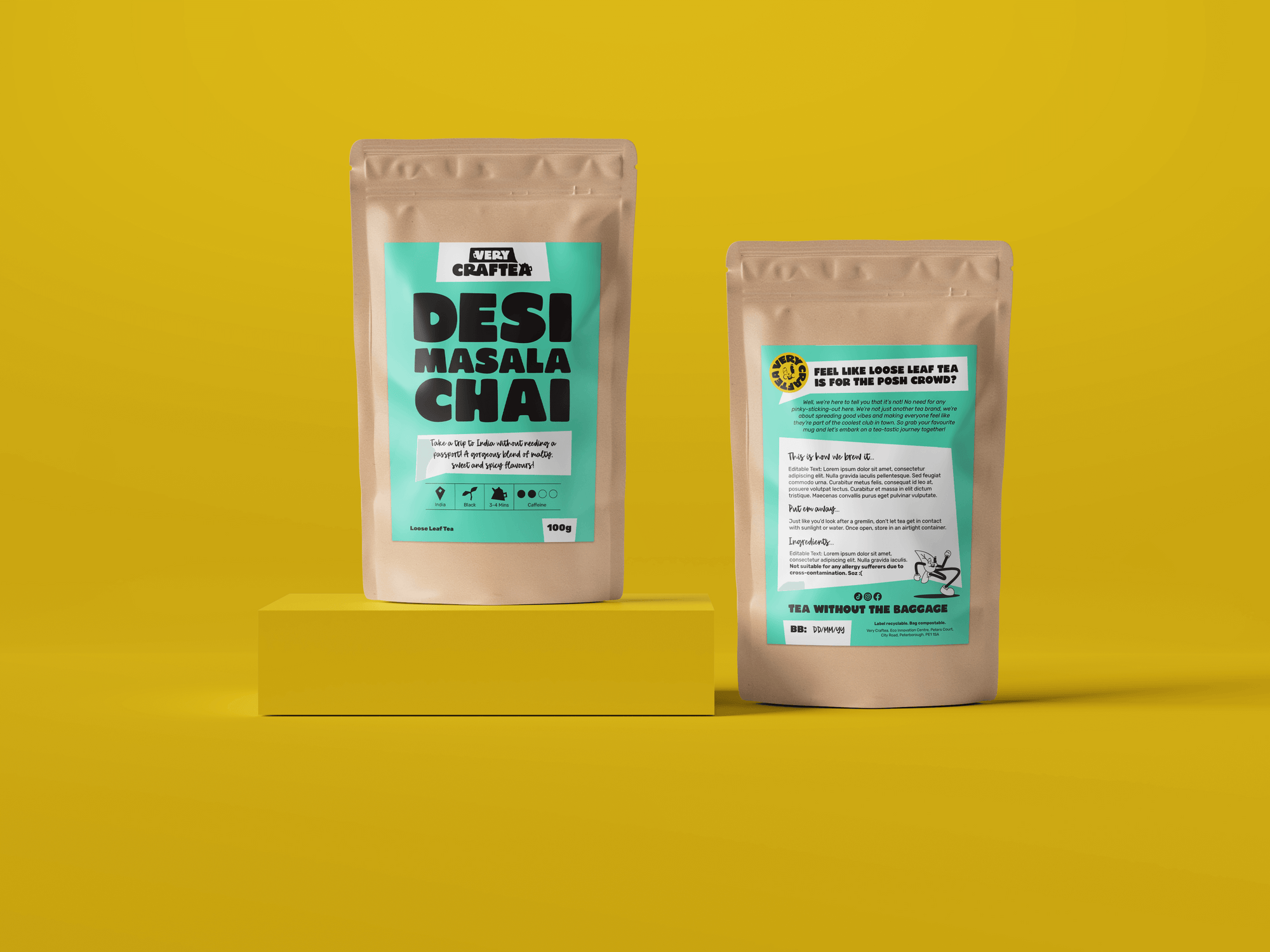 Packaging photo of 100g of Desi Masala Chai loose leaf black tea in biodegradable kraft bag from Very Craftea