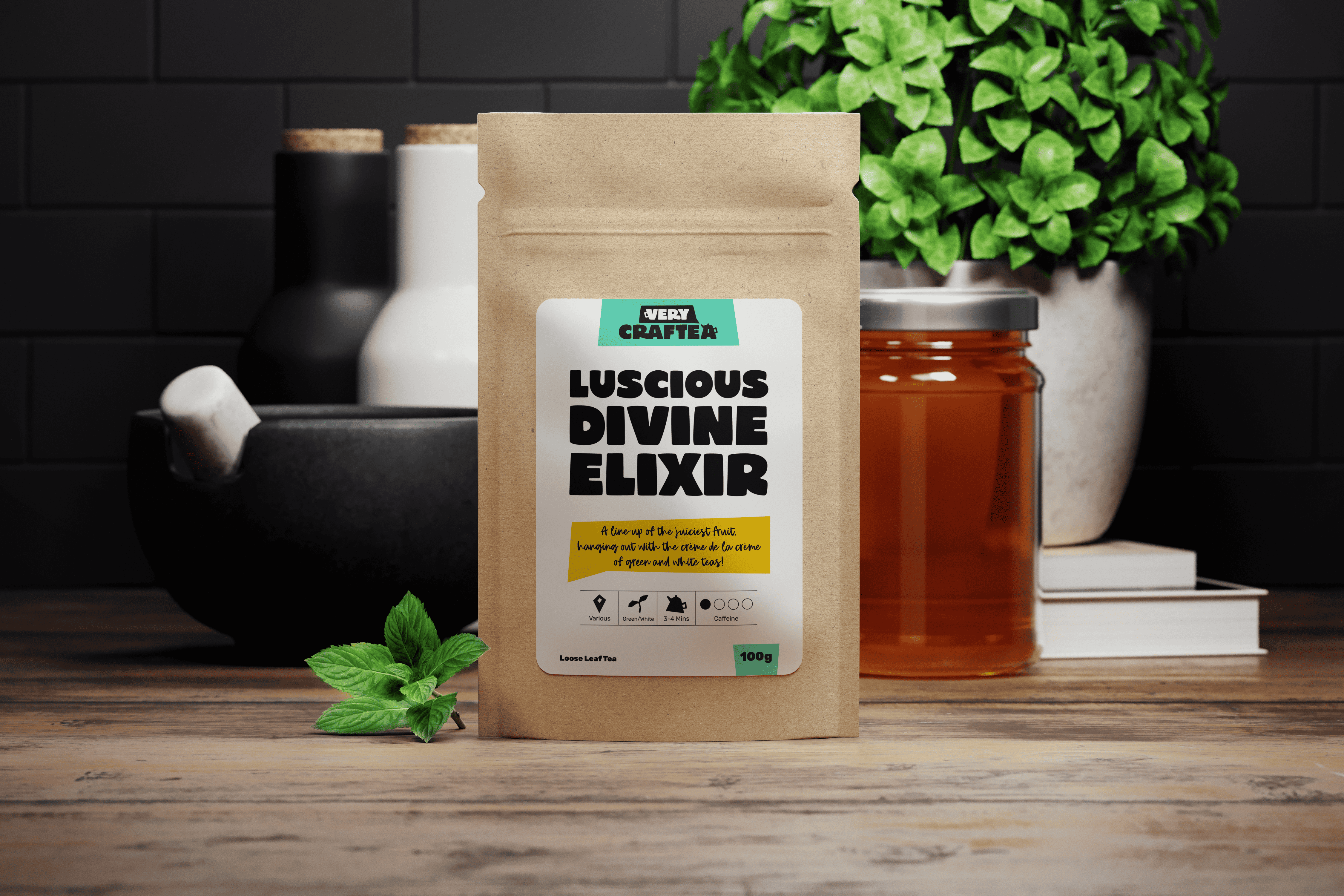 Packaging photo of 75g of Luscious Divine Elixir loose leaf green and white tea in biodegradable kraft bag from Very Craftea