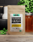 Packaging photo of 75g of Luscious Divine Elixir loose leaf green and white tea in biodegradable kraft bag from Very Craftea