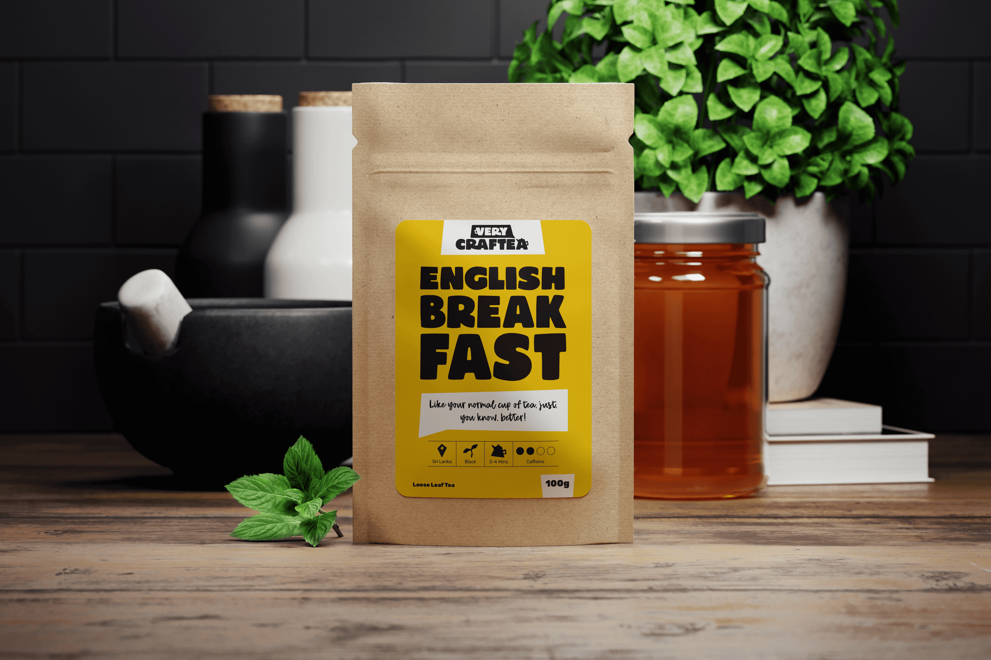 Packaging photo of 100g of Great Taste Award Winning English Breakfast loose leaf black tea in biodegradable kraft bag from Very Craftea