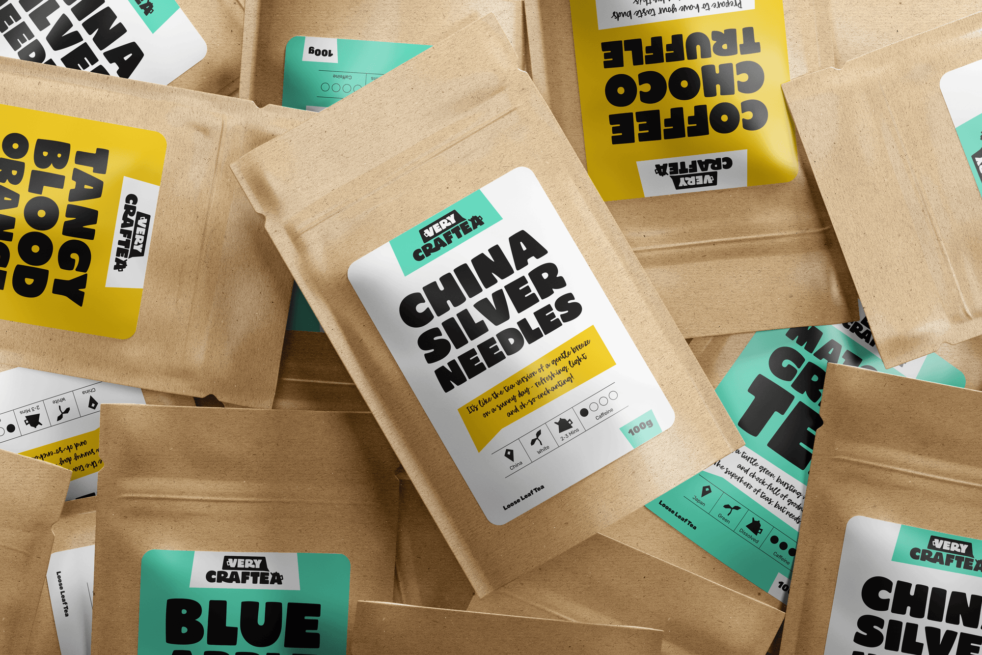 Packaging photo of 50g of China Silver Needles loose leaf fruit tea in biodegradable kraft bag from Very Craftea