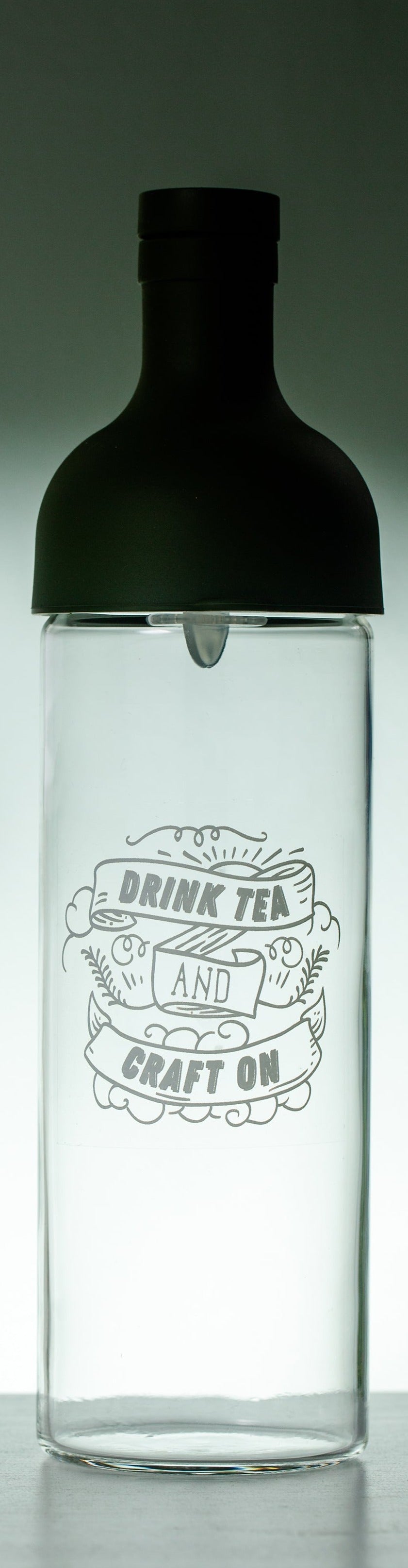 750ml Large Cold Brew Tea Glass Water Bottle with Olive Green Lid and Drink Tea and Craft On Logo by Very Craftea