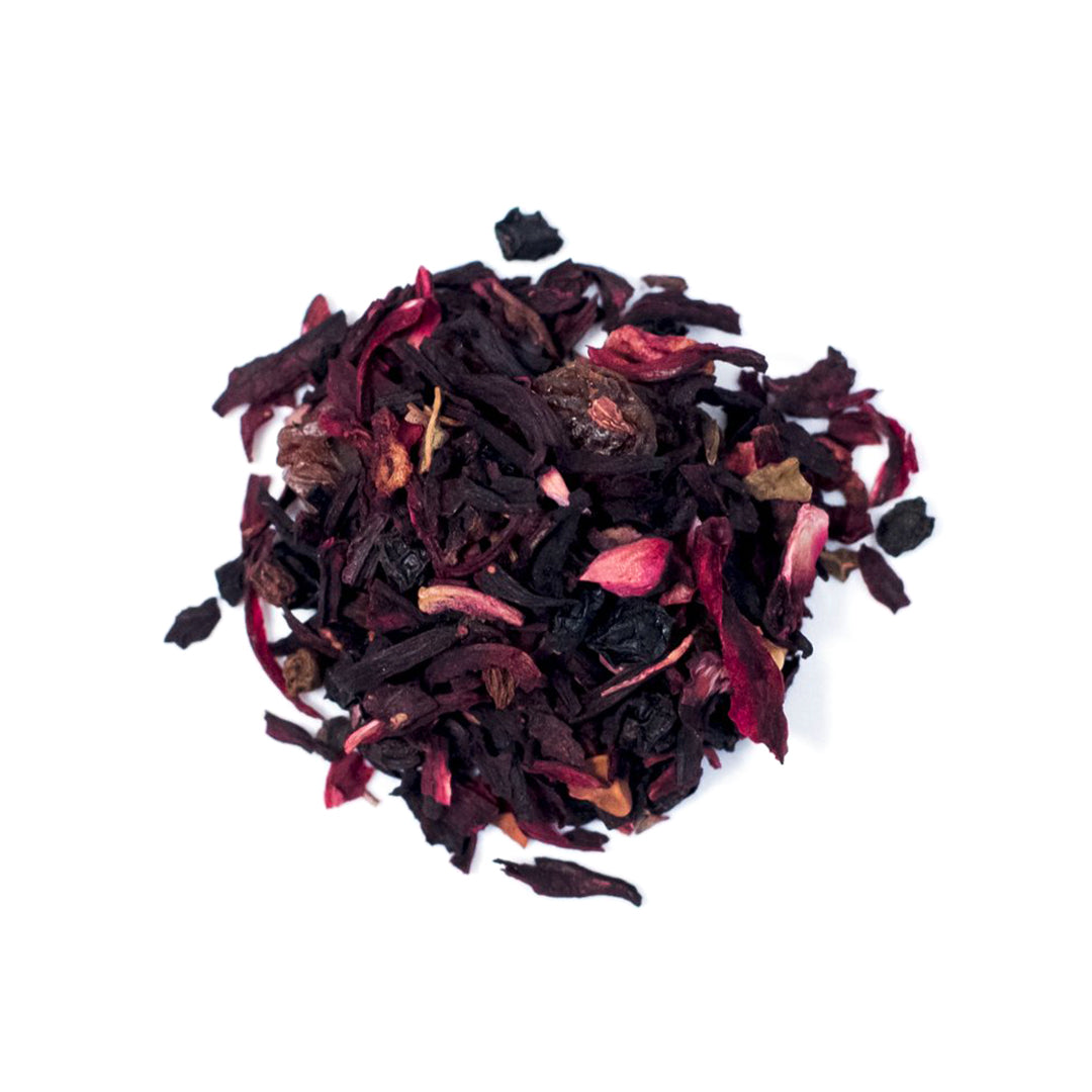 Close up of Hibiscus and Elderberries loose leaf fruit tea from Very Craftea