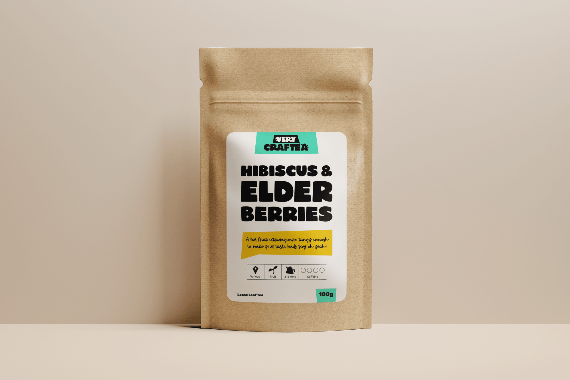 Packaging photo of 150g of Hibiscus and Elderberries loose leaf fruit tea in biodegradable kraft bag from Very Craftea