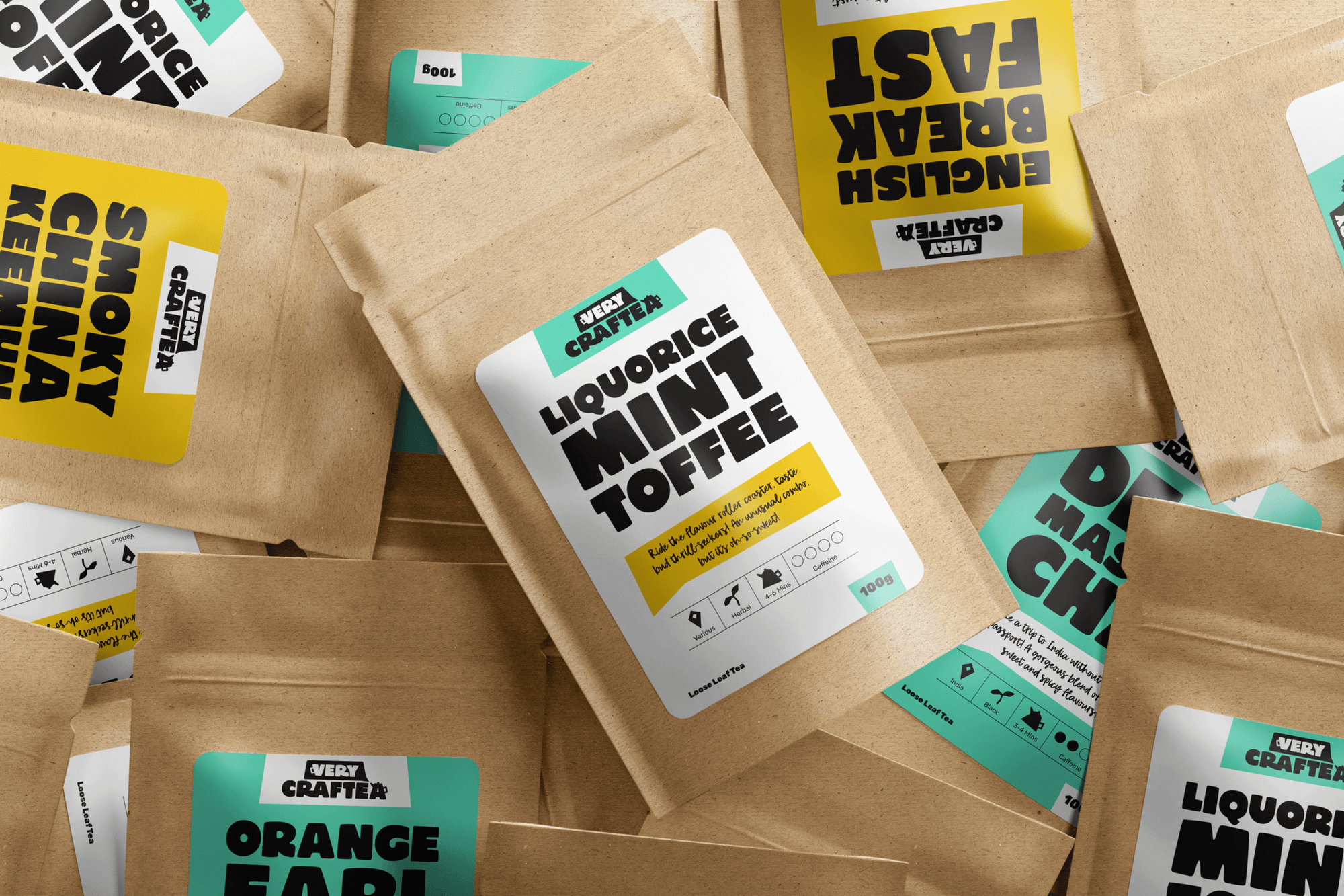 Packaging photo of 75g of Liquorice Mint Toffee loose leaf herbal tea in biodegradable kraft bag from Very Craftea