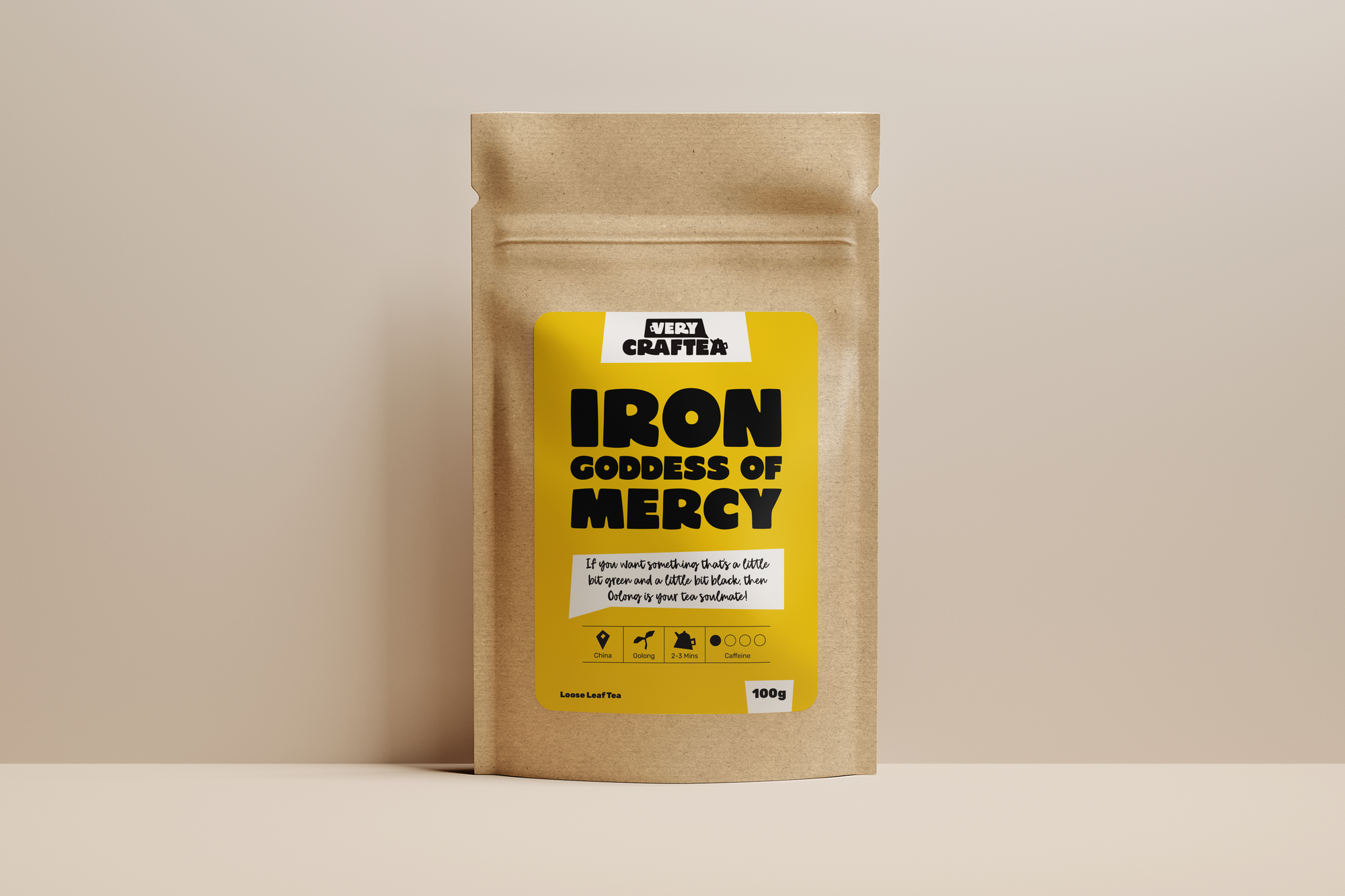 Packaging photo of 100g of Iron Goddess Of Mercy (Tie Guan Yin) loose leaf Oolong tea in biodegradable kraft bag from Very Craftea