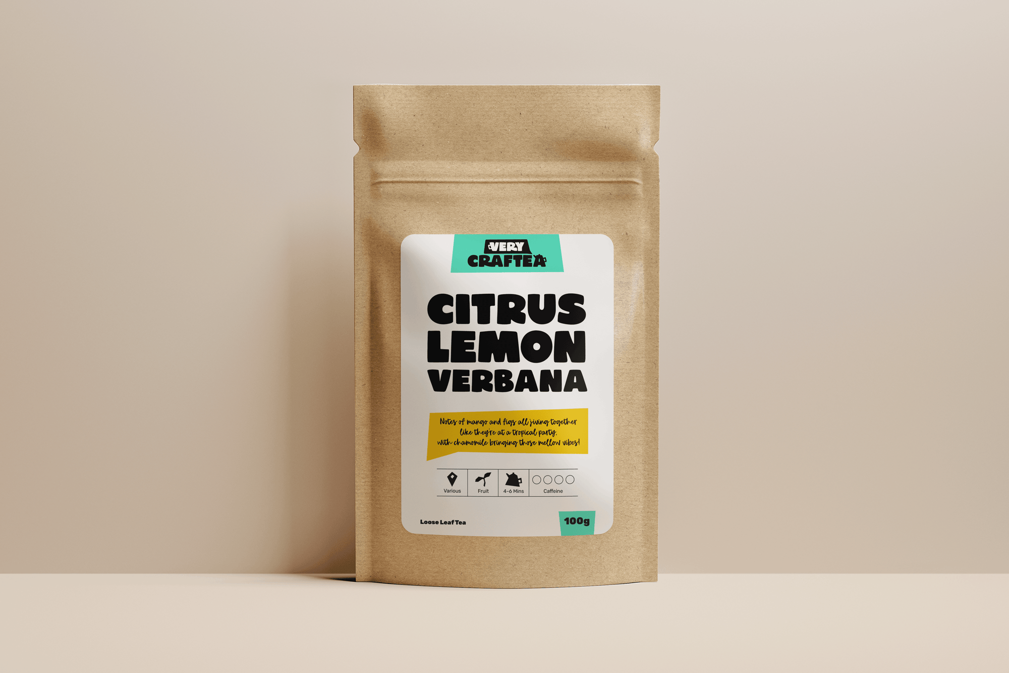Packaging photo of 75g of Citrus Lemon Verbena loose leaf fruit tea in biodegradable kraft bag from Very Craftea