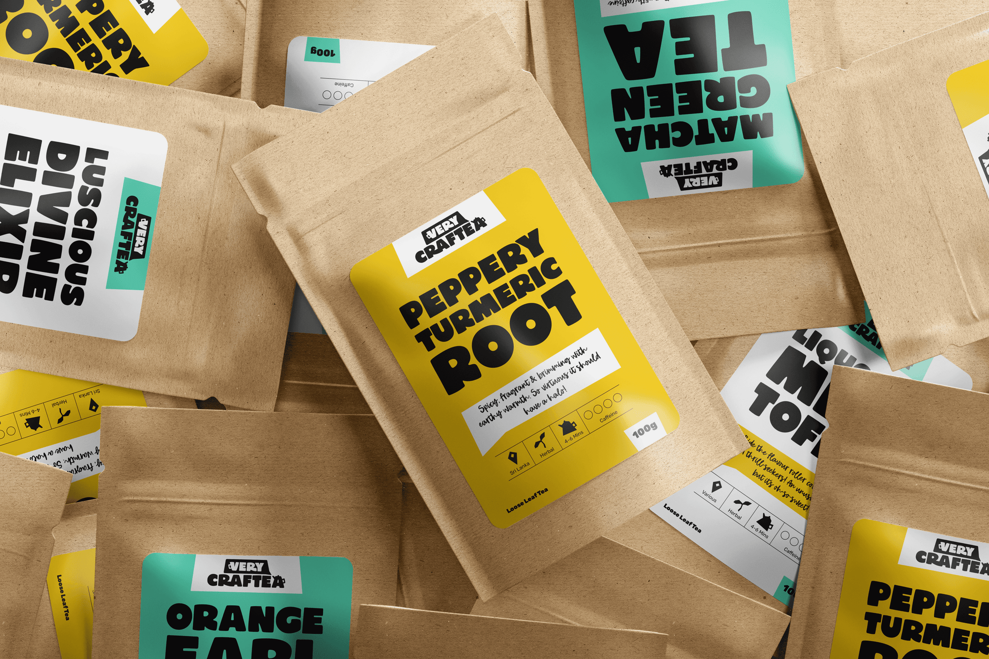 Packaging photo of 100g of Spicy Turmeric Root loose leaf herbal tea in biodegradable kraft bag from Very Craftea