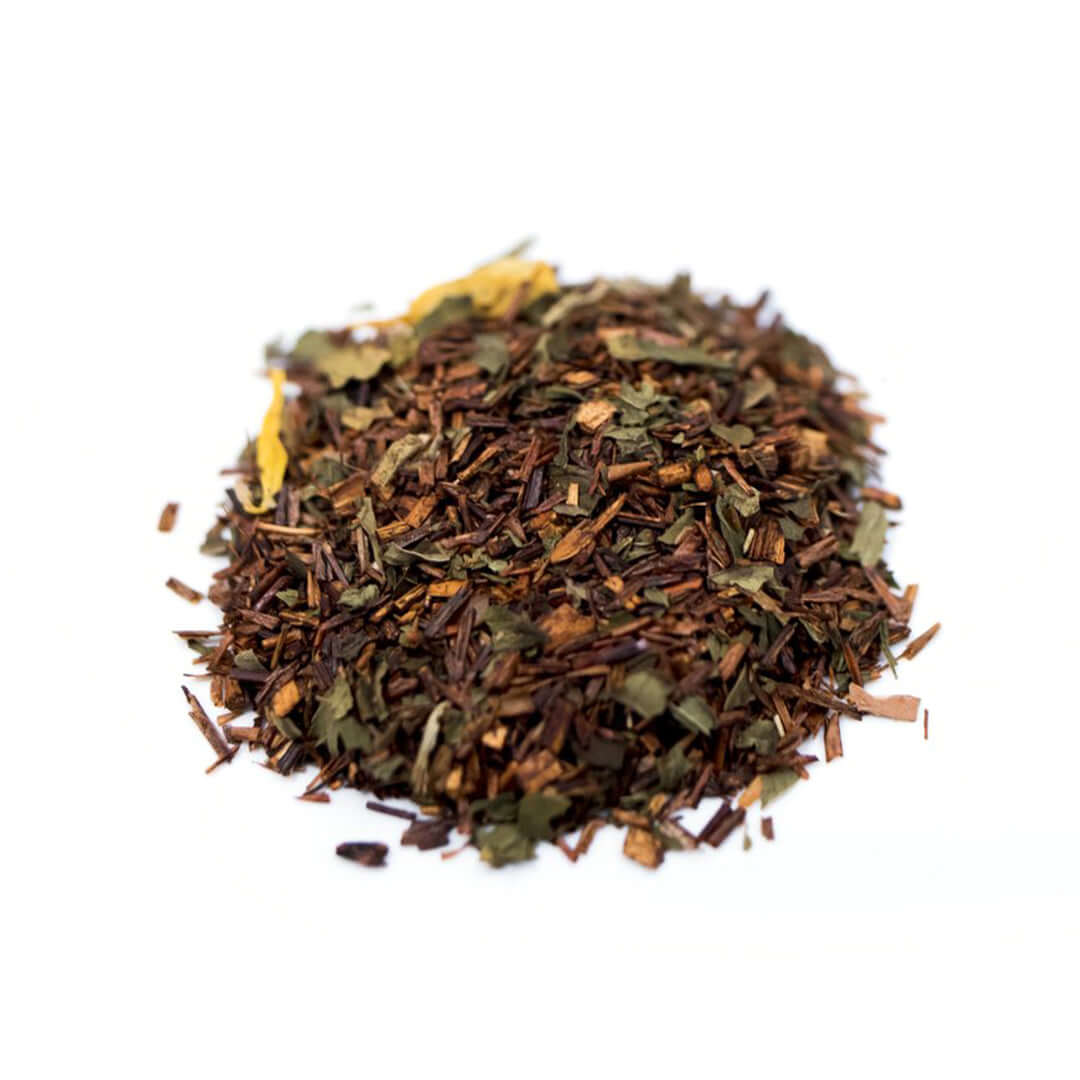 Close up of Choco Mint Rooibos loose leaf herbal tea from Very Craftea