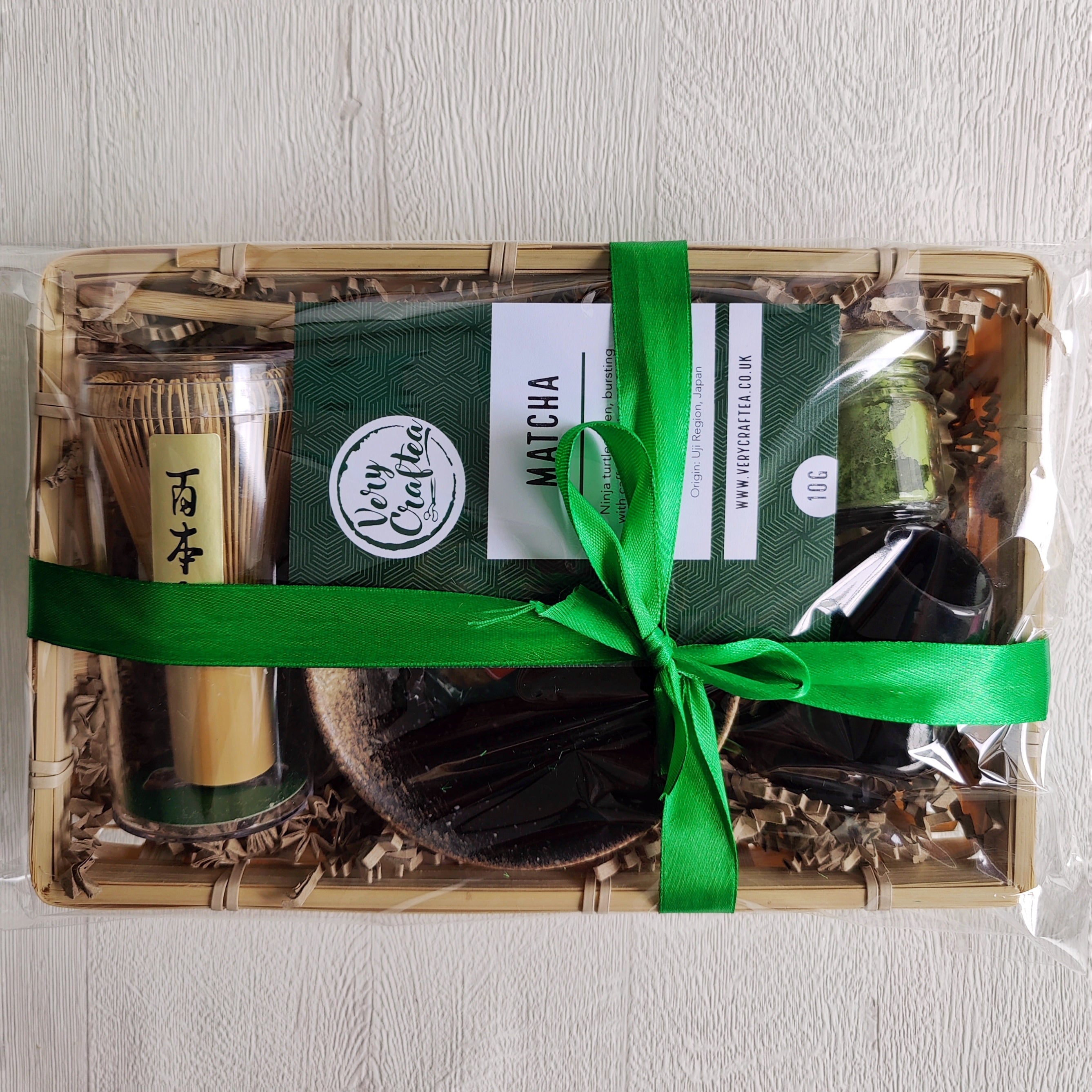 Wrapped Matcha Green Tea Gift Set in Bamboo Tray with Bamboo Whisk, Bamboo Scoop, Jar of Matcha and Whisk Holder from Very Craftea